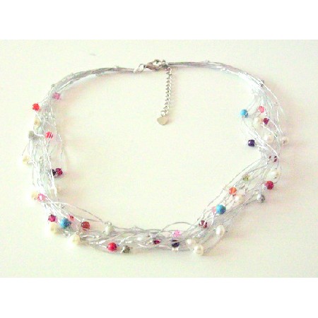 Multicolored Beads Accented In Multi Stranded Silk Thread Necklace Multicolored Beads Accented In Multi Stranded Silk Thread Necklace