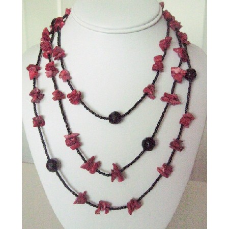 Coral Nuggets Long Necklace w/ Black Beads 30 Inches Long Necklace Coral Nuggets Long Necklace w/ Black Beads 30 Inches Long Necklace