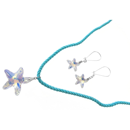 Crystals Star Necklace Swarovski AB Star Pendant Earrings Jewelry Set Crystals Star Necklace Swarovski AB Star Pendant Earrings Jewelry Set