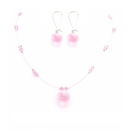 Rose Crystals Heart Swarovski Crystals Pendant Earrings Necklace Set 