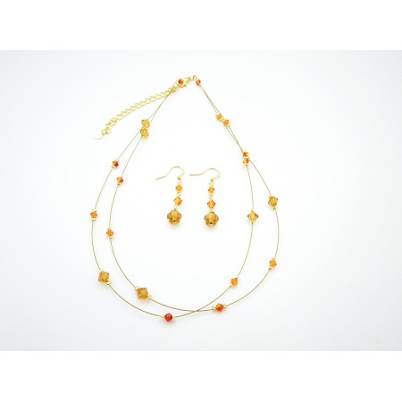 Golden Wire Round Necklace w/ Swarovski Topaz & Fire Opal Crystals Set Golden Wire Round Necklace w/ Swarovski Topaz & Fire Opal Crystals Set