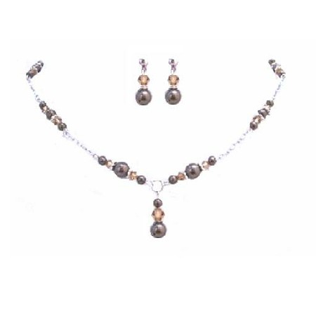 Brown Pearls Lite Smoked Topaz Jewelry Set Drop Down Necklace Set 