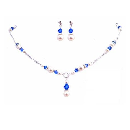 Swarovski Pearls Crystals White Pearls & Sapphire Crystal Necklace Set 