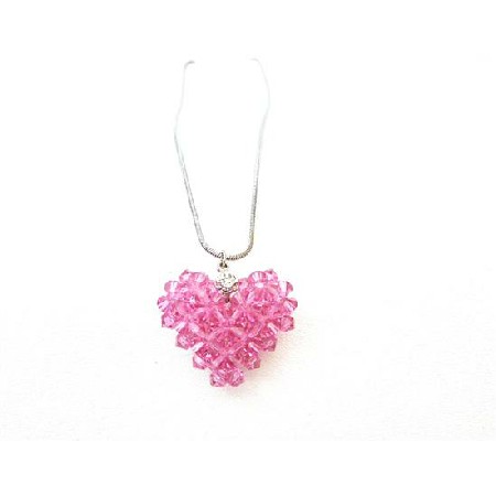 Swarovski Rose Crystals Handmade Puffy Heart Pendant Necklace Swarovski Rose Crystals Handmade Puffy Heart Pendant Necklace