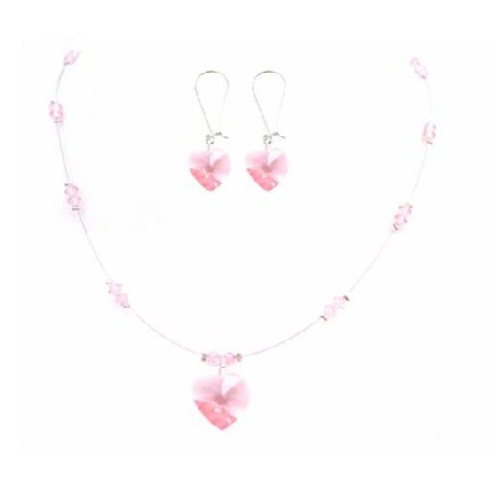 Dainty Lite Rose Crystals Heart Pendant Earrings Valentine Jewelry Set Dainty Lite Rose Crystals Heart Pendant Earrings Valentine Jewelry Set