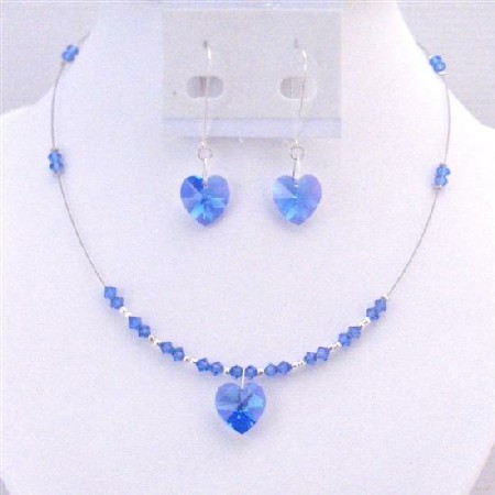 Prom Valentine Sapphire Crystals Heart Pendant Earrings Jewelry Set Prom Valentine Sapphire Crystals Heart Pendant Earrings Jewelry Set
