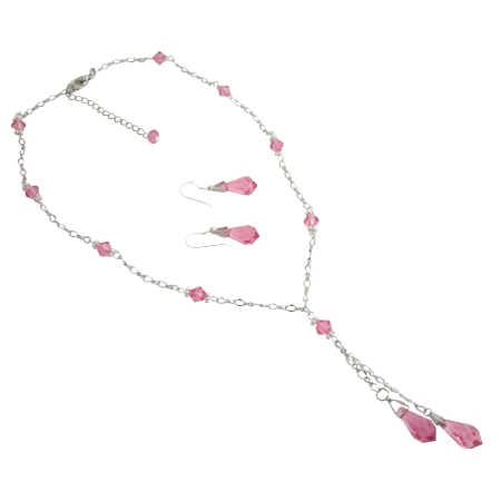 Swarovski Rose Crystals Teardrop Dangling Necklace with Earrings Swarovski Rose Crystals Teardrop Dangling Necklace with Earrings