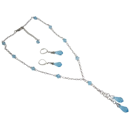 Graceful Y-Neck Aqumarine Crystals Teardrop Necklace Set 