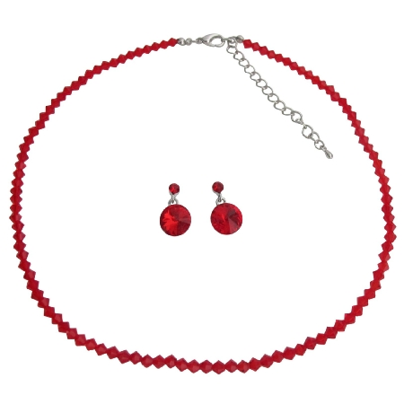 Romantic Red Striking Sparkling Lite Siam Crystal Necklace Earrings 