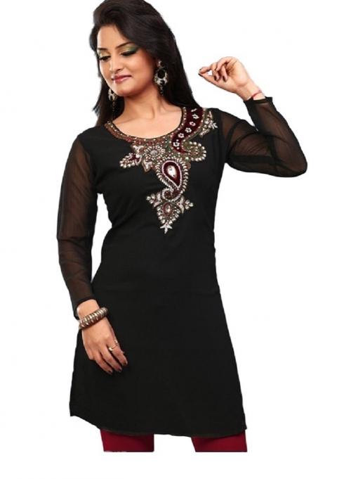 Plus Size Black Tunic Kurti in Chiffon with Stone Work, INDIAN TUNIC ...