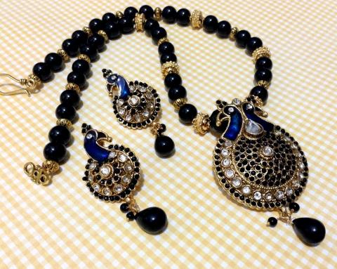 Antique Black Peacock Set with Matching Peacock Earrings