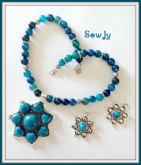 Blue german Silver Necklace / Earrings Set with Agate Beads