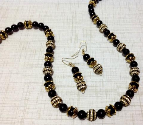 Black Rhinestones Necklace & Earrings on Black Onyx Beads