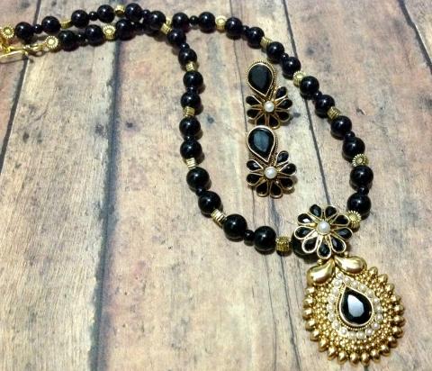 Black Floral Traditional Pendant with Black Onyx Beads!!!!!