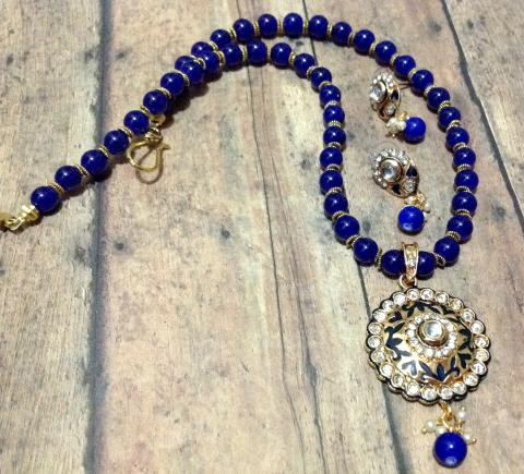 Bright Blue Traditional Round Pendant & Matching Earrings