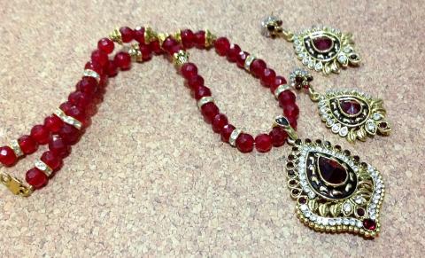 Traditional Red Rhinestone Necklace & Earrings