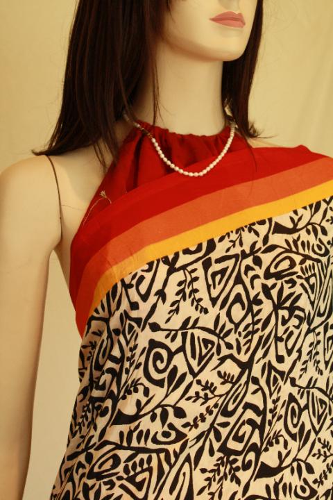 Bright Black & White Printed Saree with Red & Yellow Border Bright Black & White Printed Saree with Red & Yellow Border