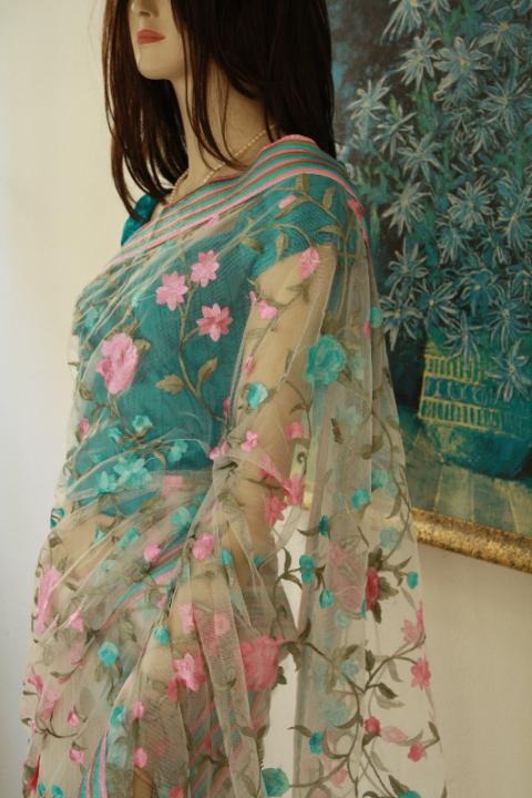 Delicate White Net Shimmer Saree with Baby Pink & teal Embroidery
