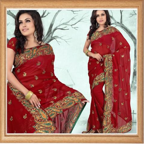 Classic Maroon Faux Georgette Party Wear Resham Embroidered Saree Classic Maroon Faux Georgette Party Wear Resham Embroidered Saree