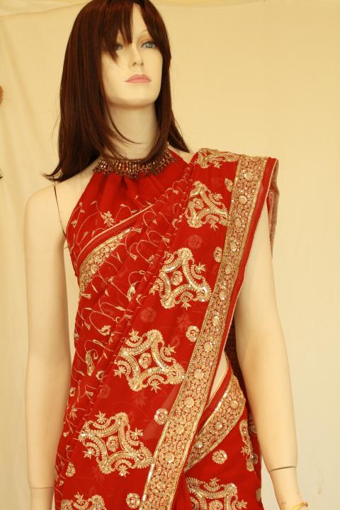 Bright Red Bridal Saree with gold Embroidery & Zari Work Bright Red Bridal Saree with gold Embroidery & Zari Work