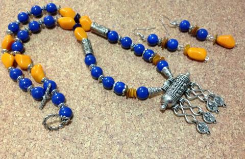 Tibetan Style Pendant & Earrings with Yellow/Blue Beads Necklace