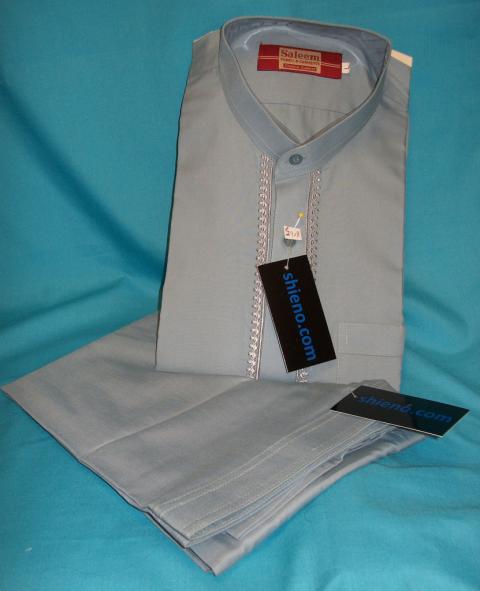 Grey Blue Wrinkle Free Embroidered Men's Shalwar Kameez (L)