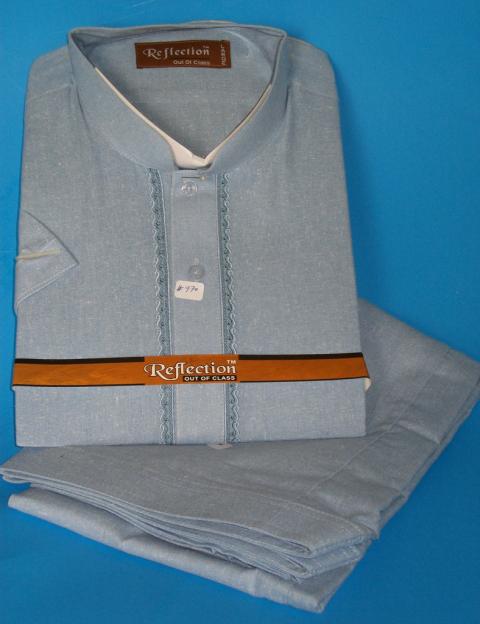 Light Blue Embroidered Cotton Shalwar Kameez for Men (L)