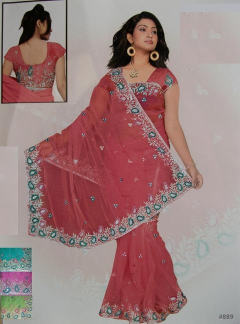 Pink Salmon Pink Net Saree w/ Embroidery & Silver Tilla Work Pink Salmon Pink Net Saree w/ Embroidery & Silver Tilla Work