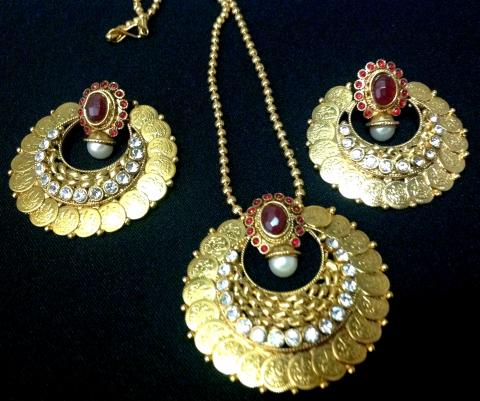 Goldtone Microplated Lakshmi Coin Pendant & Earrings
