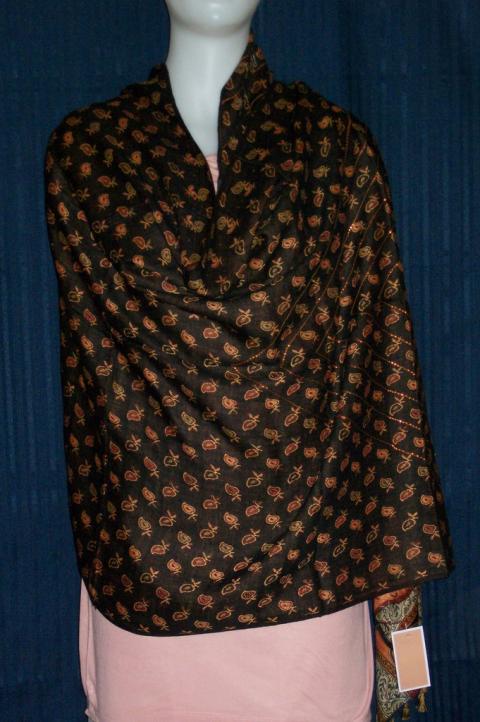 Reversible Black Copper Jacquard Print Paisley Border Shawl Scarf