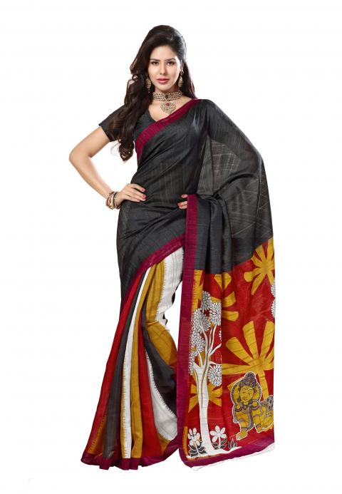 CODE NS217 : Rust orange fancy chappa silk saree with green borders(thin &light weight)digital printed pallu with tassels, digital printed running blouse with borders.