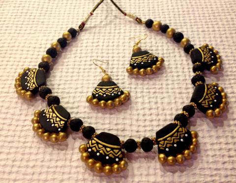 Black and Gold Choker Style Handmade Terracotta Set, BAKED CLAY JEWELRY  #21345 | Buy Terracotta Choker Online