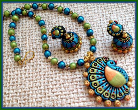 Lovely Handmade Blue & Green Shades Clay Peacock & Jhumkas!!!! Lovely Handmade Blue & Green Shades Clay Peacock & Jhumkas!!!!