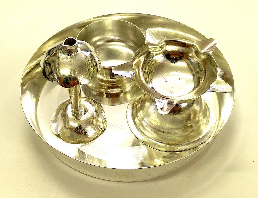 Small Pooja Thali w/ Incense Stick Stand, Diya, KumKum Box in German Silver Small Pooja Thali w/ Incense Stick Stand, Diya, KumKum Box in German Silver