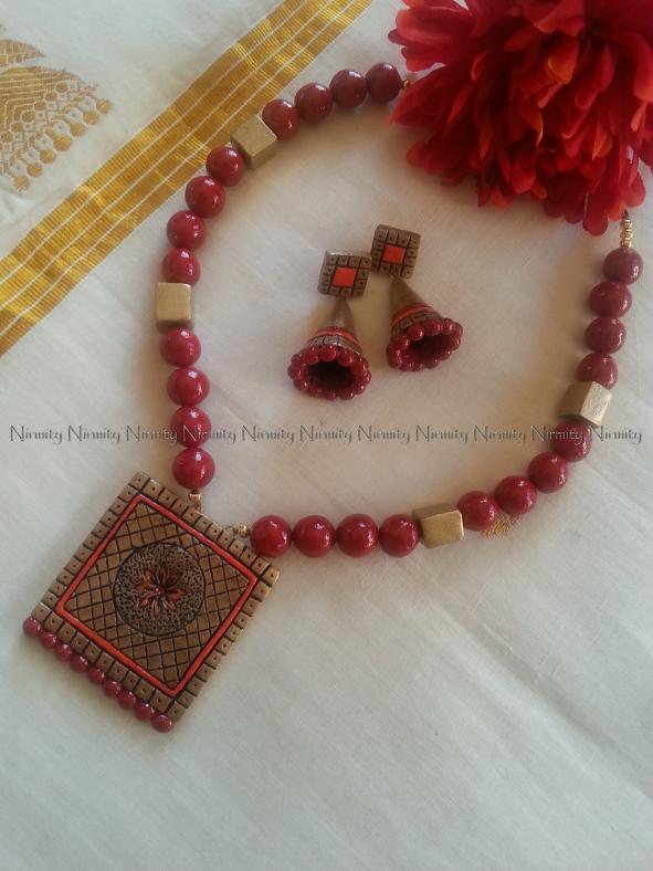 Red & Orange Terracotta Necklace with Jhumka Earrings