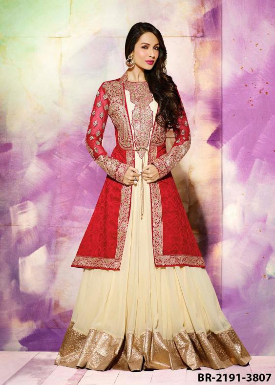 Malika Arora Flared Bridal Dress w Red Jacket, Ivory Kurta