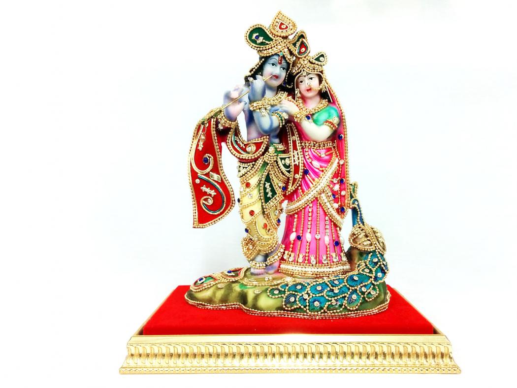 Decorative Radhe Krishna Statue /w Peacock, HINDU GOD STATUE 23328