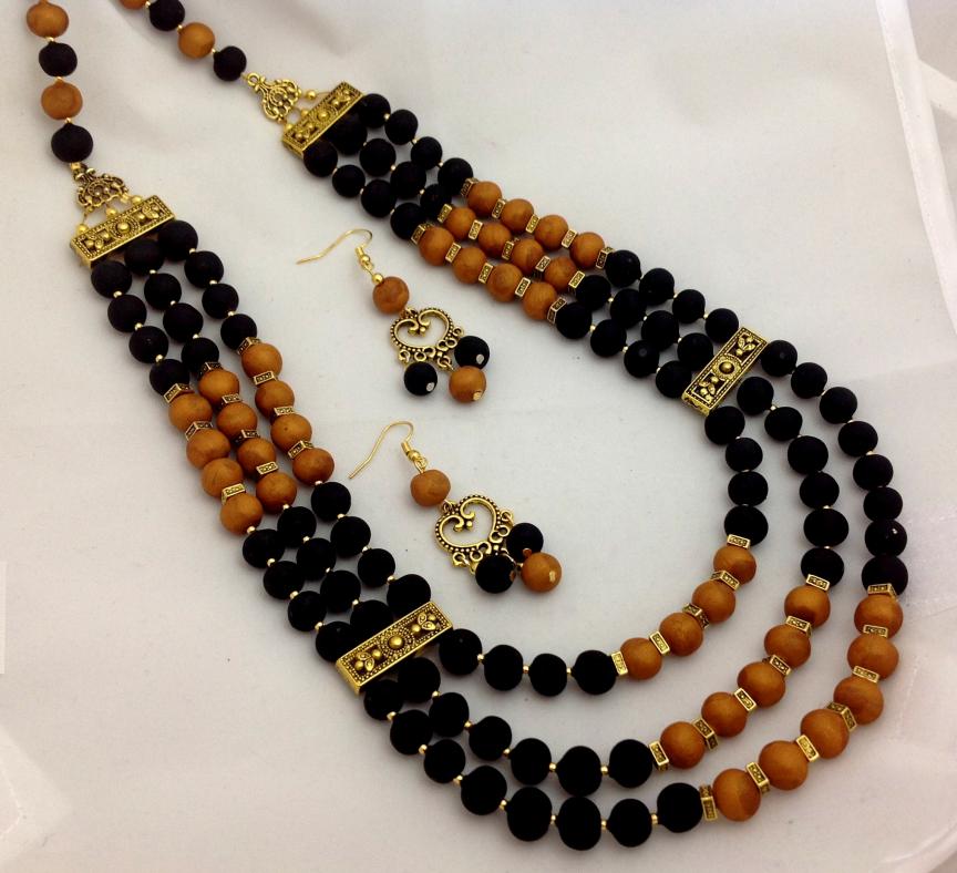 Three layered Golden & Black Beaded Haaram Necklace Set