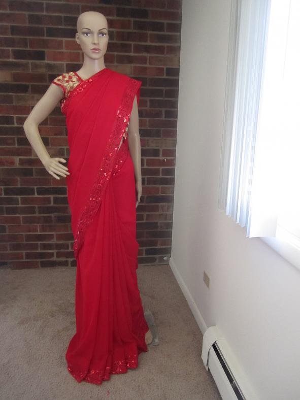 red plain saree with designer blouse