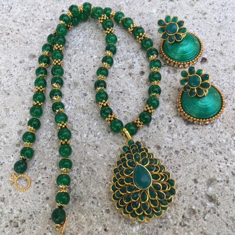 Green Pacchi Set /w Paper Quilled Jhumkas Earrings