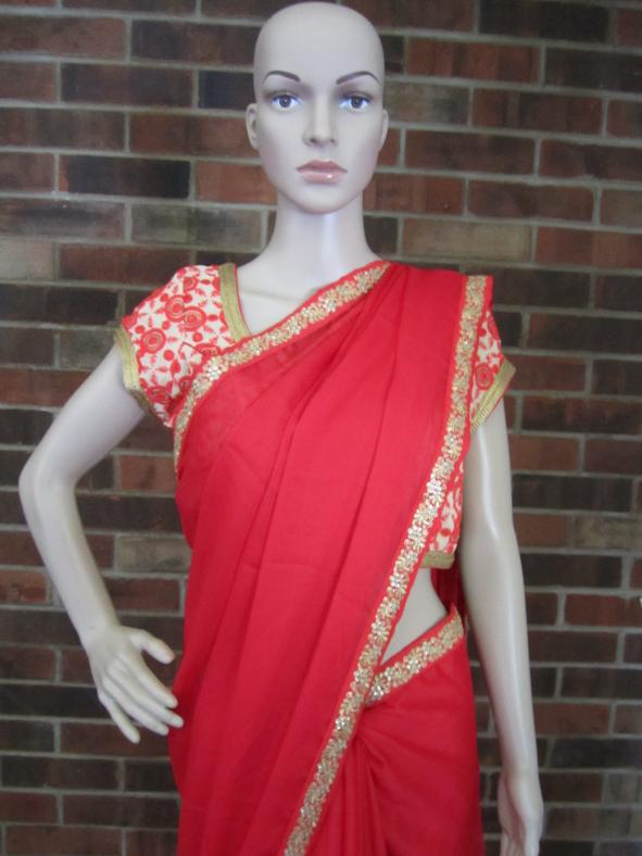 Red Plain Saree w/ Gold border & Brocade Ready Blouse Red Plain Saree w/ Gold border & Brocade Ready Blouse