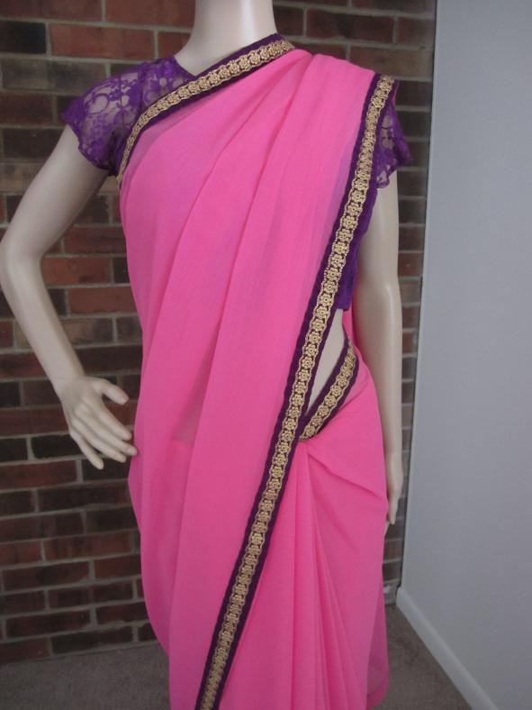 Pink & Purple Combination Saree & Purple Lace Ready Blouse Pink & Purple Combination Saree & Purple Lace Ready Blouse