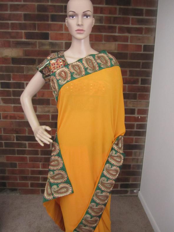 Mustard Plain Sari \w Green Border Combination & Brocade Ready Blouse Mustard Plain Sari \w Green Border Combination & Brocade Ready Blouse