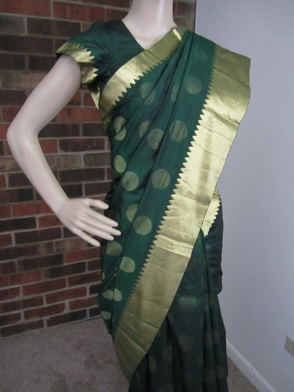 Pure Silk Bottle Green with Gold Zari Border Saree & Ready Blouse Pure Silk Bottle Green with Gold Zari Border Saree & Ready Blouse