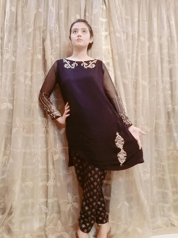 Black Embroidered & Embellished Salwar Kameez \w Block Print