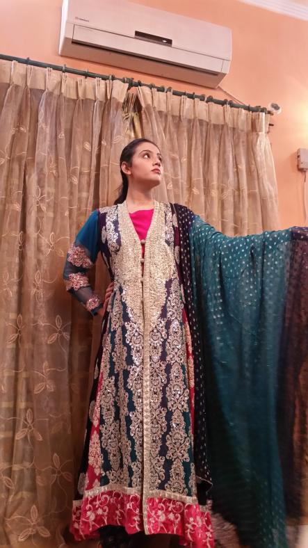 Blue & Shocking Pink Embroidered & Embellished Traditional Coat Dress Blue & Shocking Pink Embroidered & Embellished Traditional Coat Dress