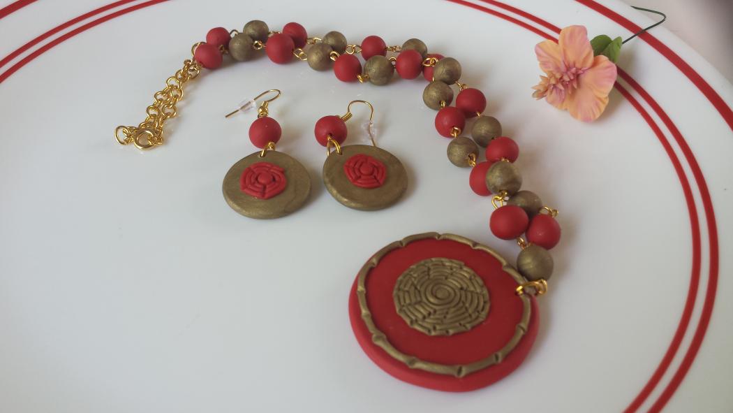 Handmade Red & Gold Polymer Clay Necklace Set