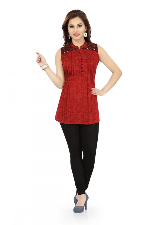 Mandarin Collar Denim Tunic Top with Pintex Yoke & Ship Buttons main image 0