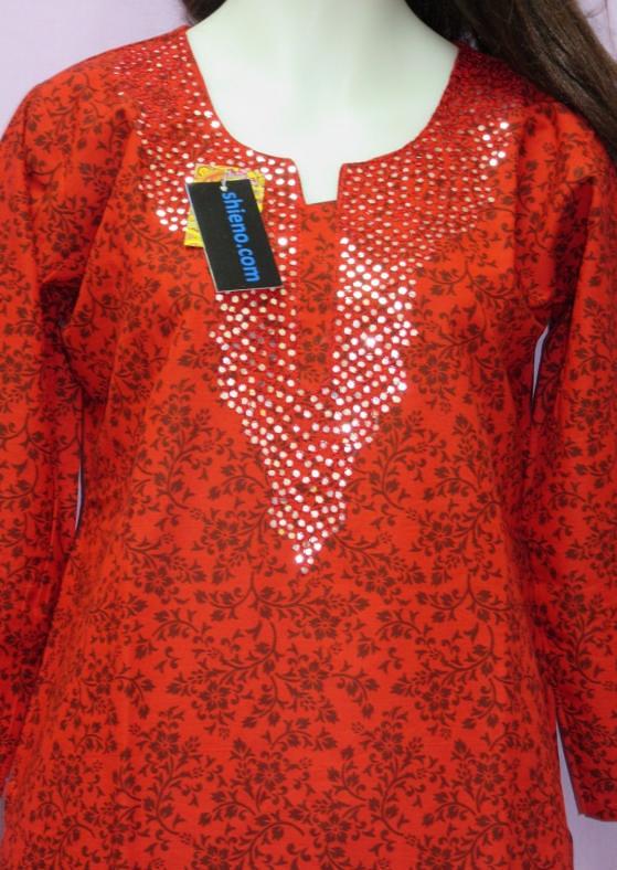 Bright Red Cotton Printed Ladies Top Tunic Kurti (M)