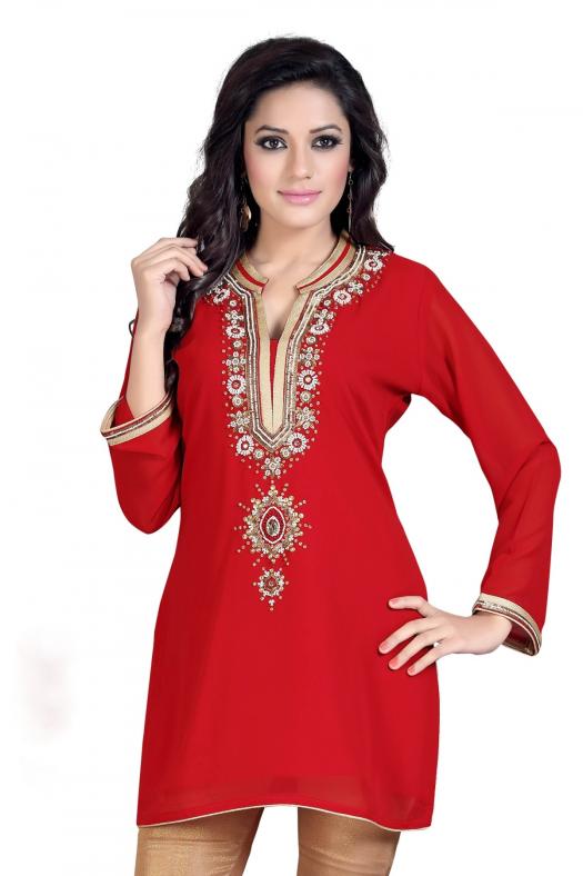 Fiery Red Beadwork Georgette Party Short Kurti Tunic Size 40, 42 Fiery Red Beadwork Georgette Party Short Kurti Tunic Size 40, 42